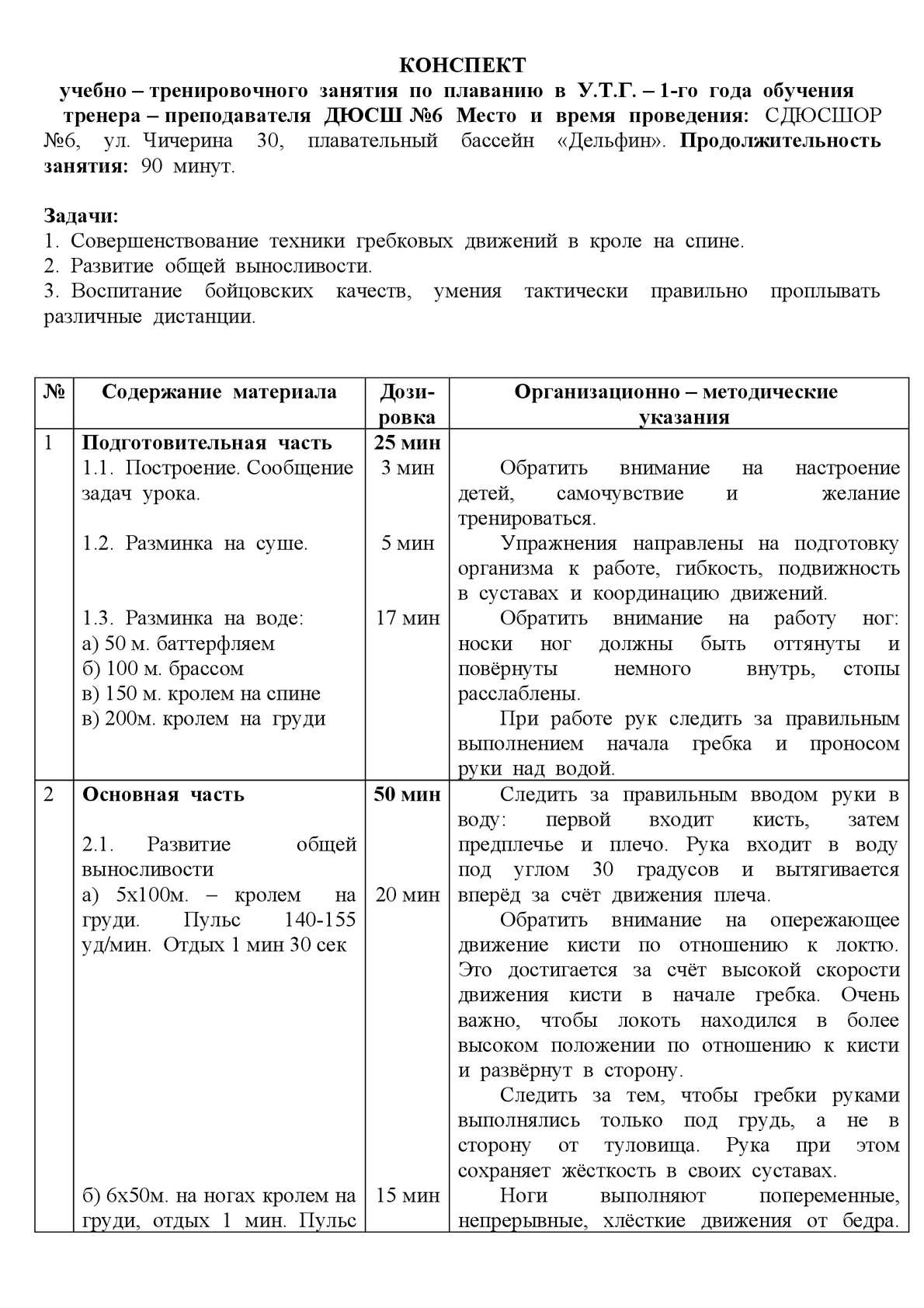 План конспект по плаванию начальное обучение